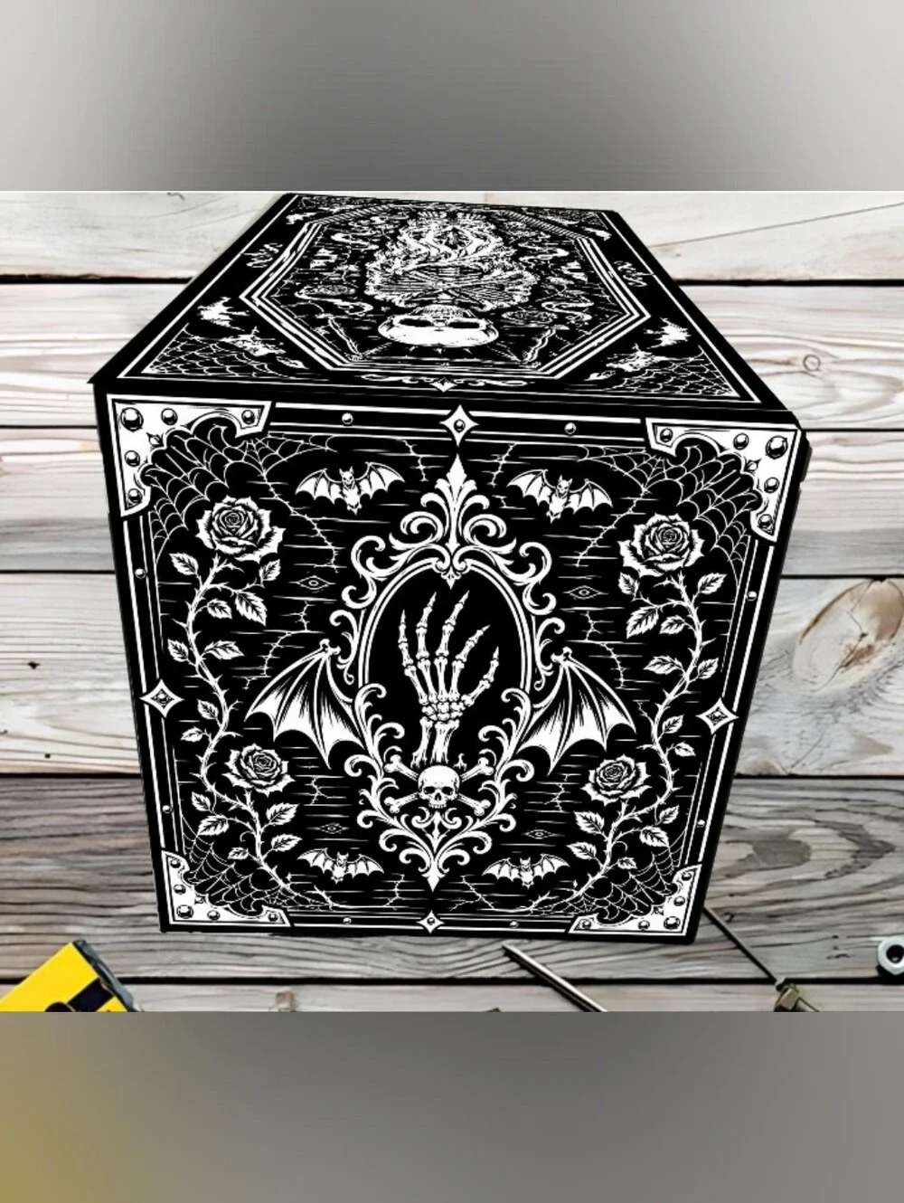 NEW Custom Laser engraved Mini Metal tool box Coffin Goth Skull Skeleton Black
